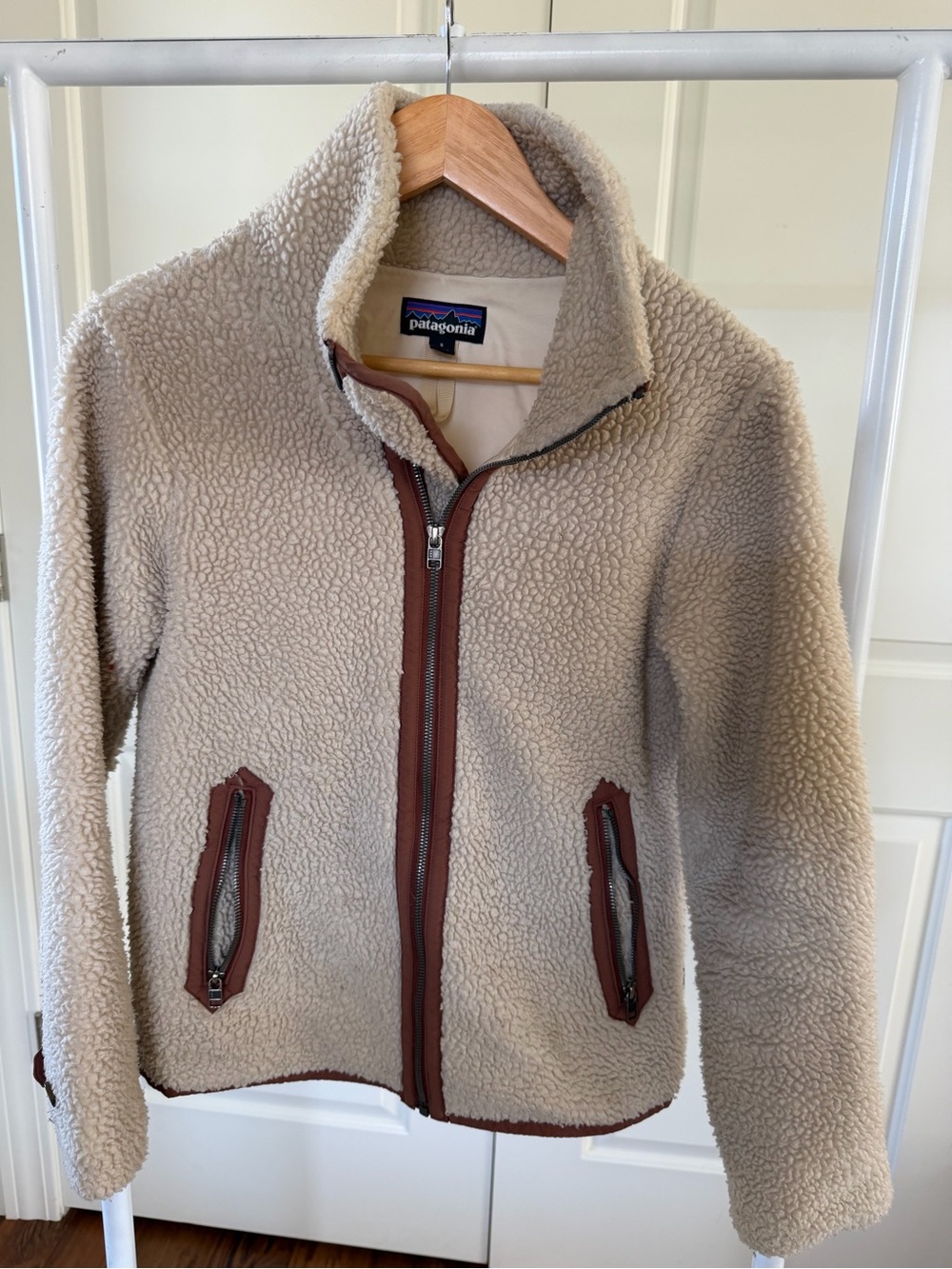 Patagonia Cream Sherpa Jacket with Brown Trim